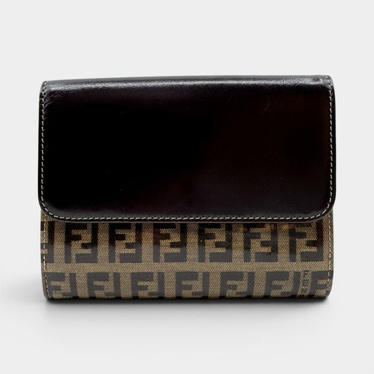 Fendi FF Zucchino Coated Canvas Brown Leather Trim Bifold Wallet
