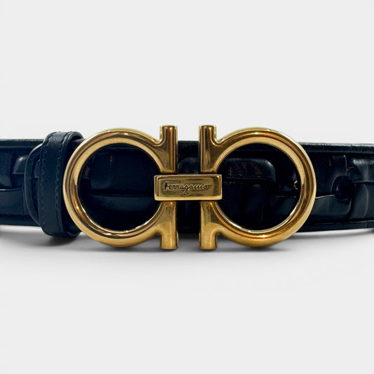 Salvatore Ferragamo Black Woven Leather Gancini Belt Small ~ AU8-10