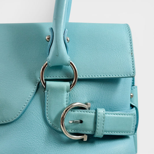 Salvatore Ferragamo Aqua Blue Leather Gancini Top Handle Bag