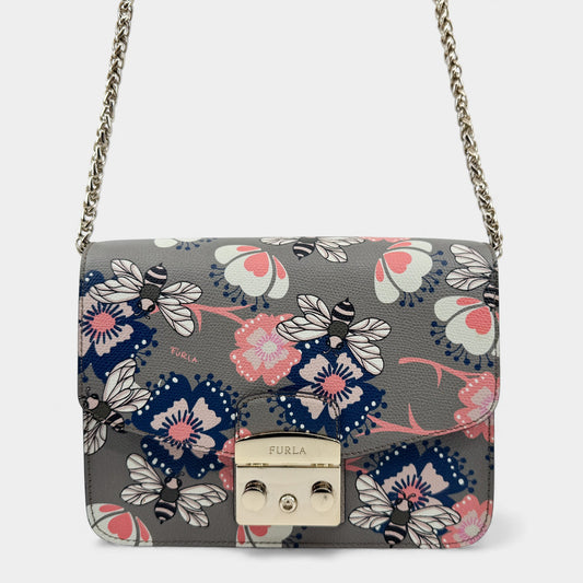 Furla Metropolis Taupe Pink Blue Floral Bees Crossbody Bag