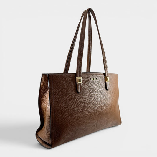 Furla Minerva Caramello Brown Pebbled Leather Tote Bag