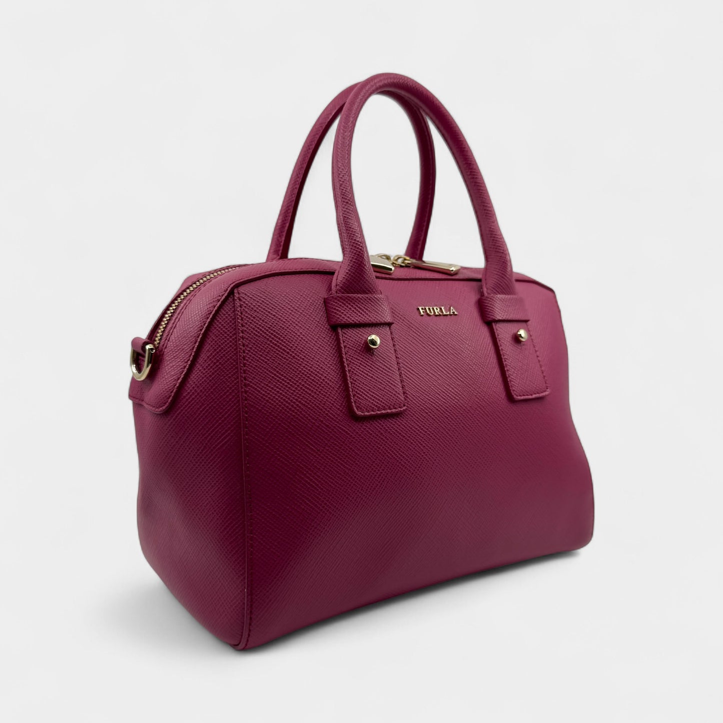 Furla Fuschia Pink Saffiano Leather Allegra Bowling Handbag