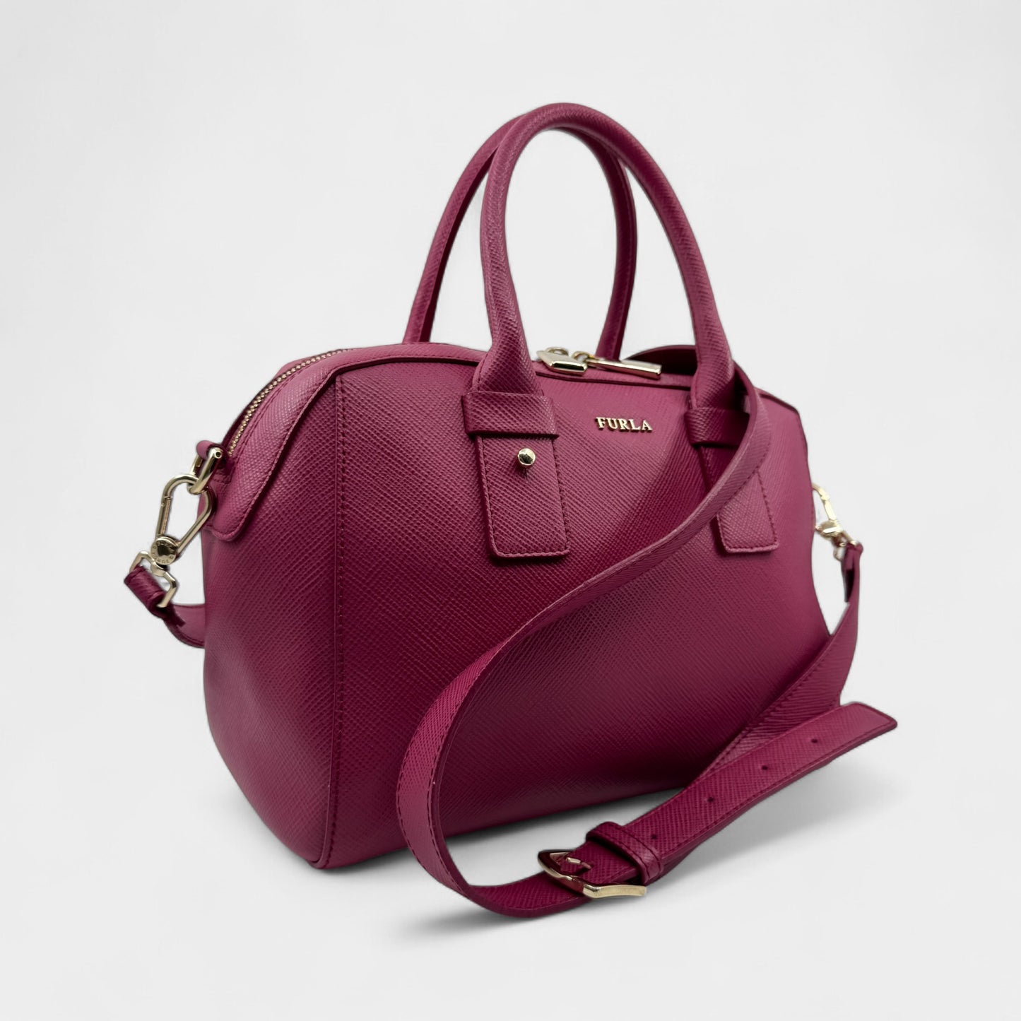 Furla Fuschia Pink Saffiano Leather Allegra Bowling Handbag