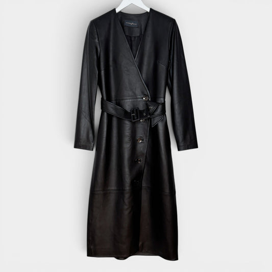 Ginger & Smart Black Leather Long Belted Coat Small ~ AU8