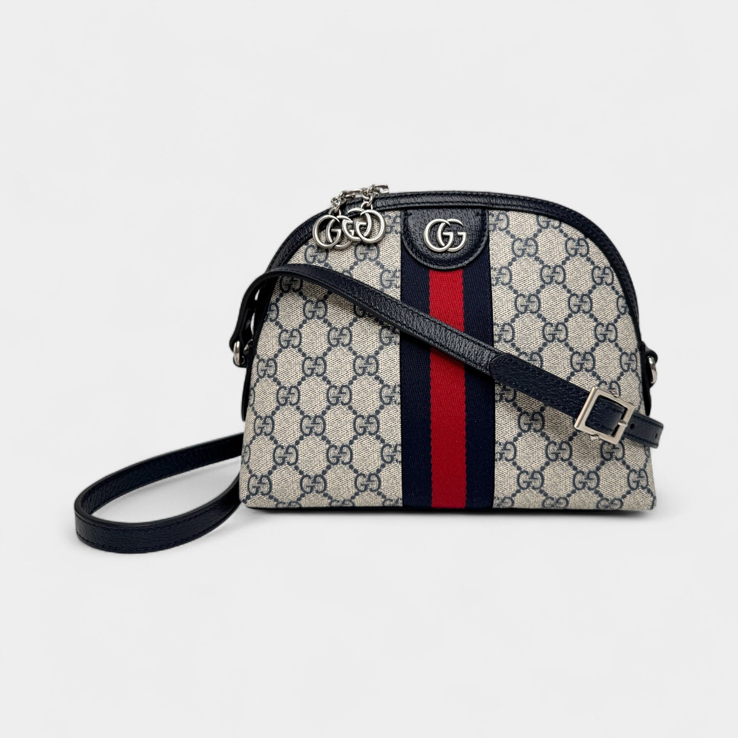 Gucci GG Supreme Monogram Navy Red Stripe Ophidia Crossbody Bag
