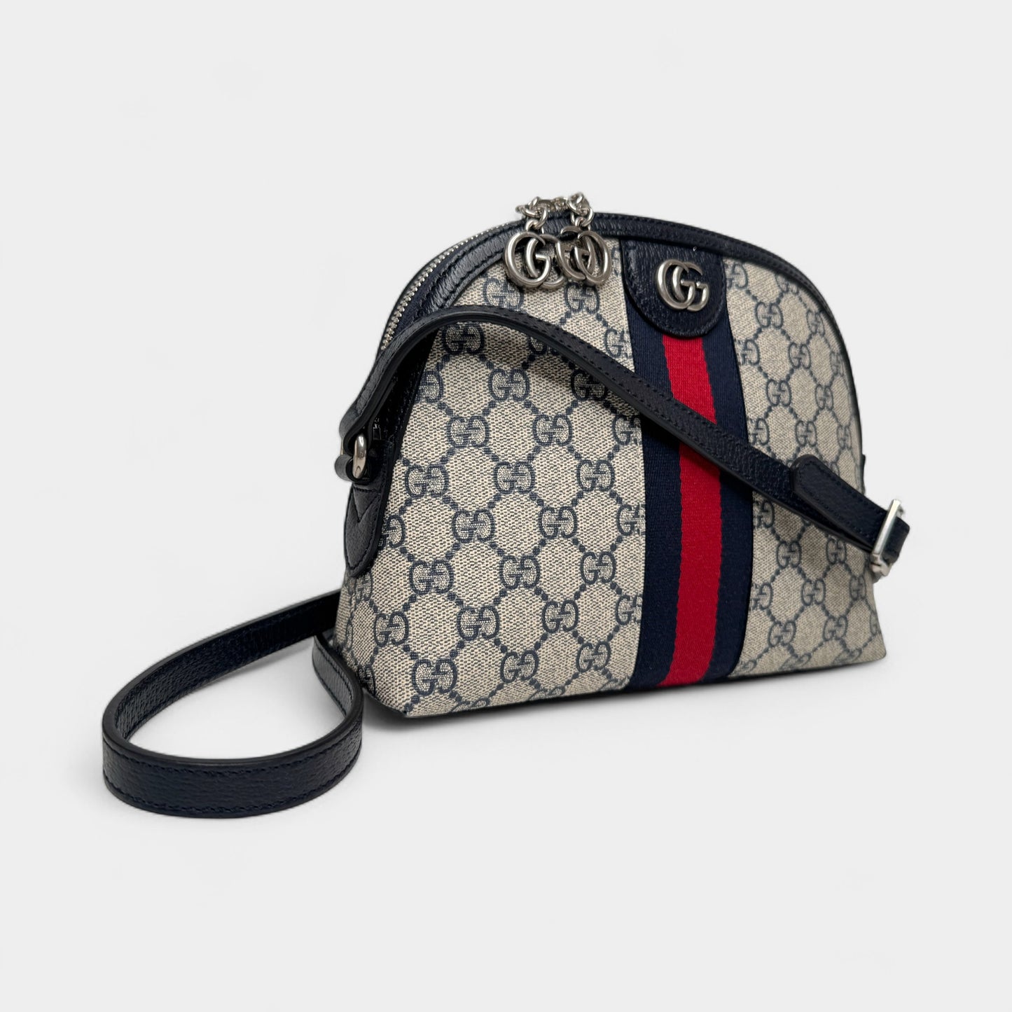 Gucci GG Supreme Monogram Navy Red Stripe Ophidia Crossbody Bag