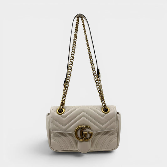 Gucci Off White Matelassé Leather Chevron Quilted GG Marmont Small Bag