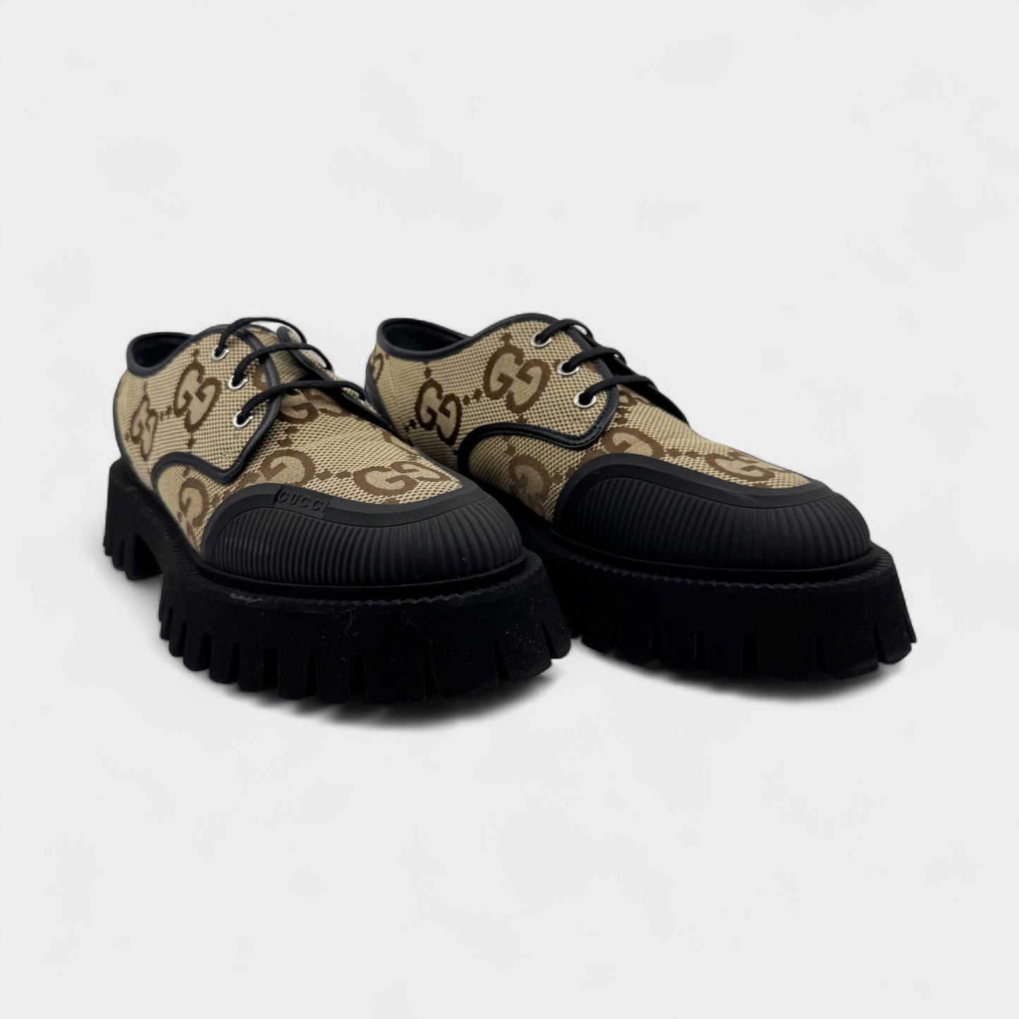 Gucci GG Maxi Supreme Camel Ebony Canvas Lace Up Shoes M7 ~ W9 ~ EU40