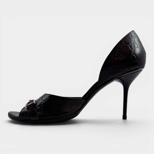 Gucci Guccissima Brown Leather Peep Toe Heeled Shoes EU38.5 ~ AU7.5