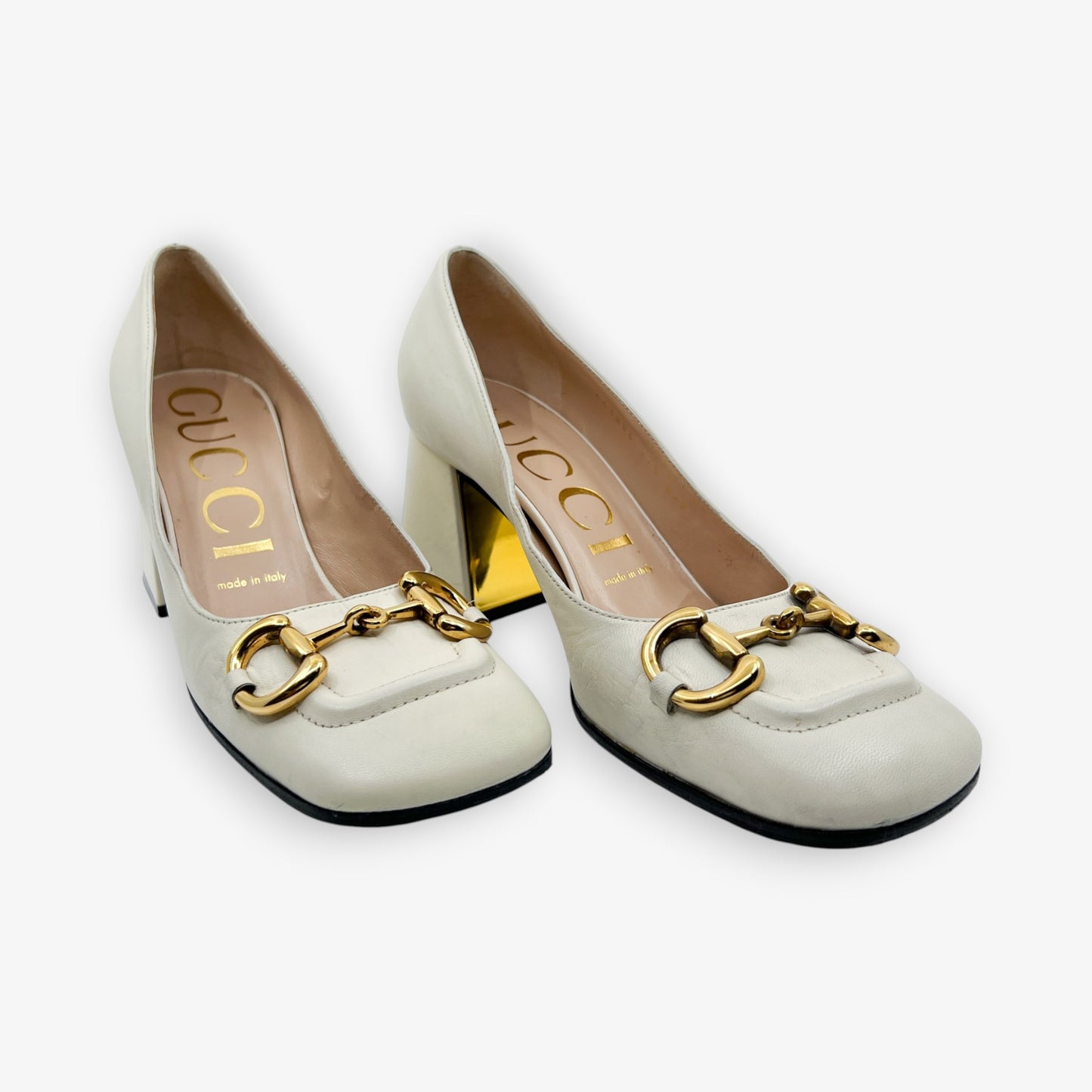 Gucci Off White Leather Horsebit Mid Heel Pumps Shoes EU37.5 ~ AU7