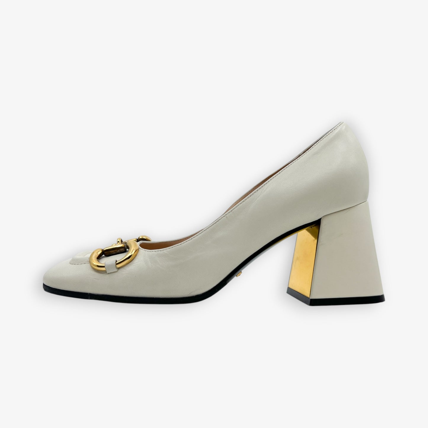 Gucci Off White Leather Horsebit Mid Heel Pumps Shoes EU37.5 ~ AU7