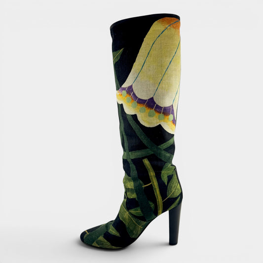 Hermès Green Floral Linen & Leather Lined Long Boots EU39.5 ~ AU8.5