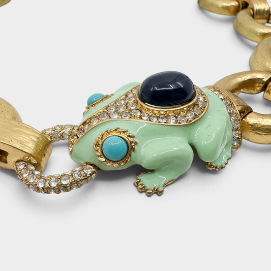 J.Crew Y2K Mint Green Enamel Frog Crystal Chunky Gold Link Statement Necklace