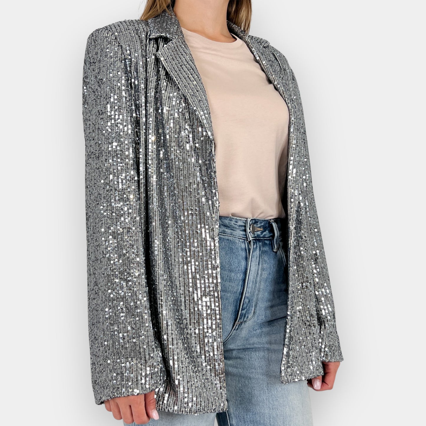 Witchery Gunmetal Sequin Single-Breasted Long Blazer AU12–14 ~ Large