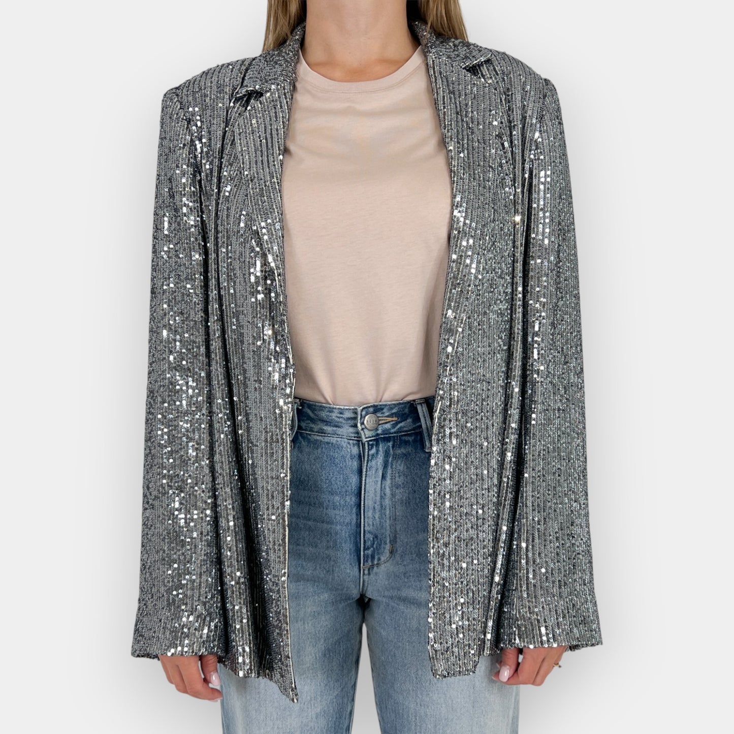 Witchery Gunmetal Sequin Single-Breasted Long Blazer AU12–14 ~ Large