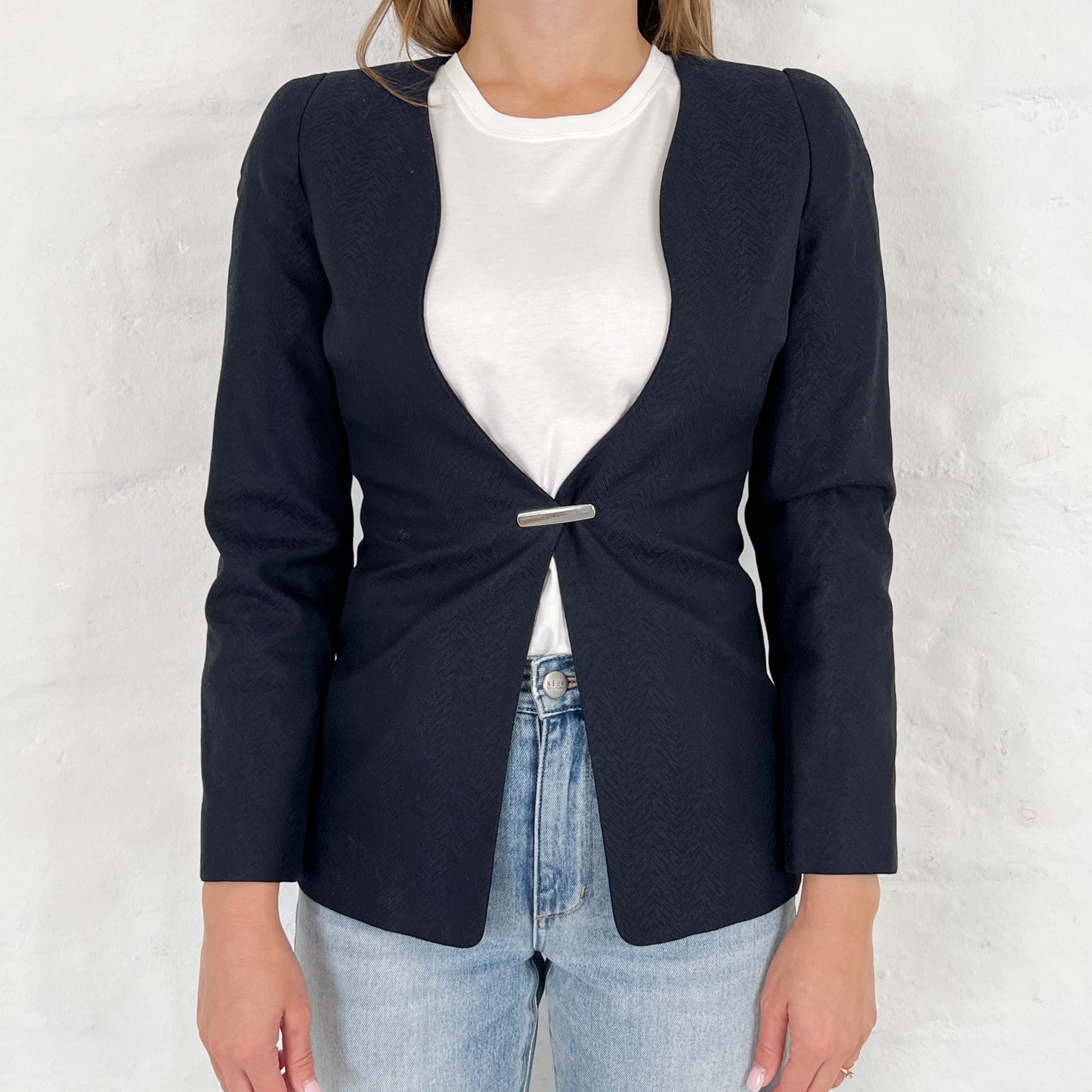 Giorgio Armani Navy Blue Herringbone Tailored Jacket IT40 ~ AU8