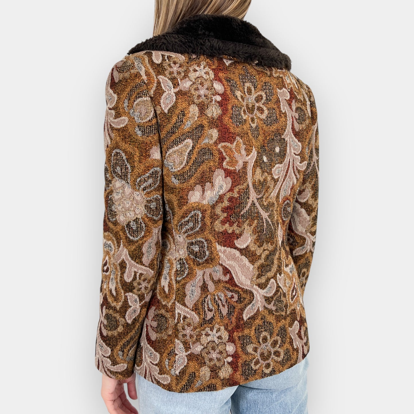 Betty Rose Vintage Jacquard & Faux Fur Tapestry Short Jacket Medium ~ AU10