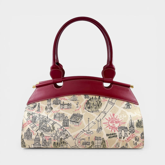 Lancel Paris Canvas & Red Leather Top Handle Bag
