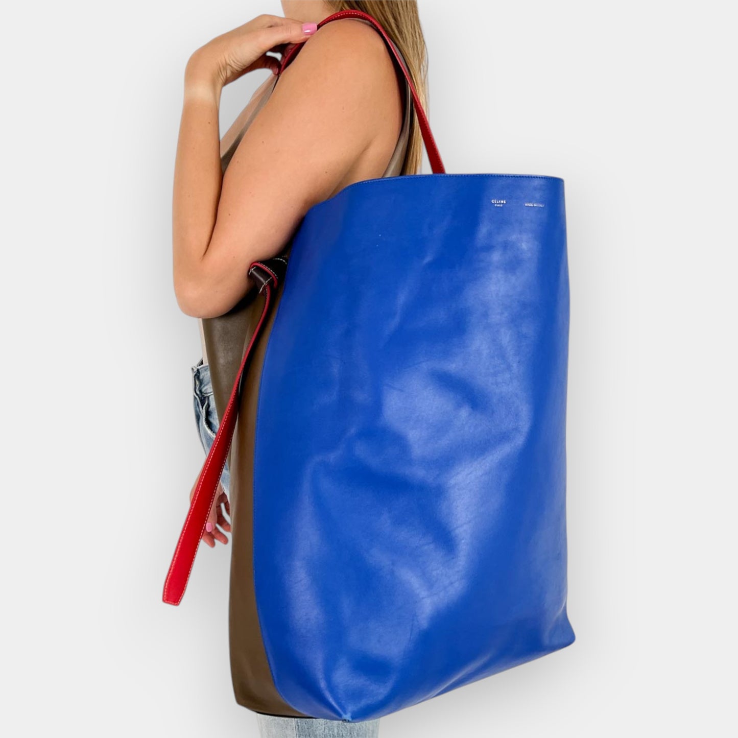 Celine Blue & Olive Brown Leather 'Twisted' Oversized Large Tote Bag