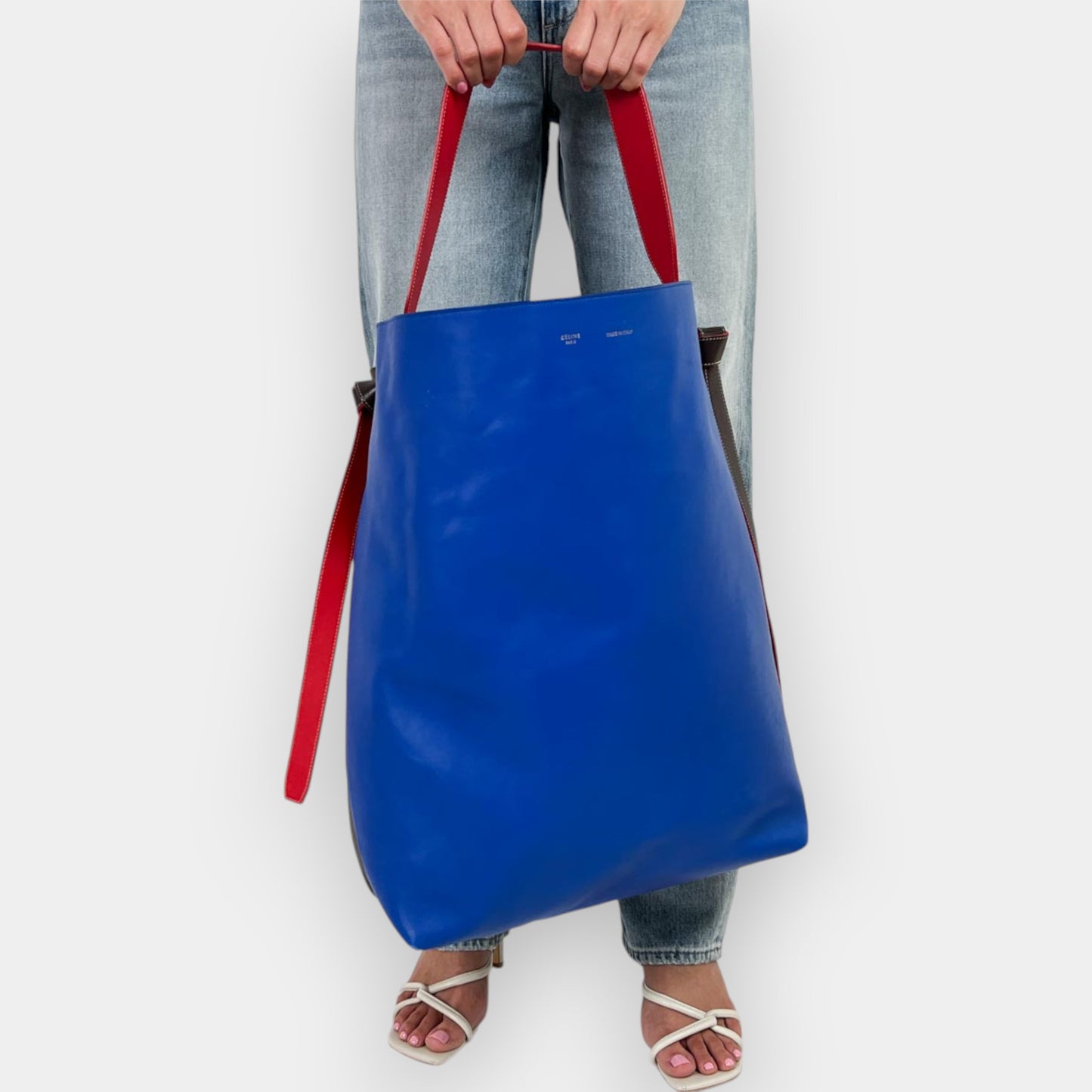 Celine Blue & Olive Brown Leather 'Twisted' Oversized Large Tote Bag