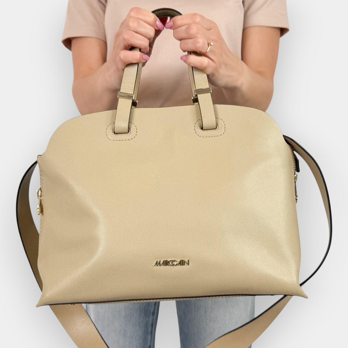 Marc Cain Beige Pebbled Leather Tote Bag