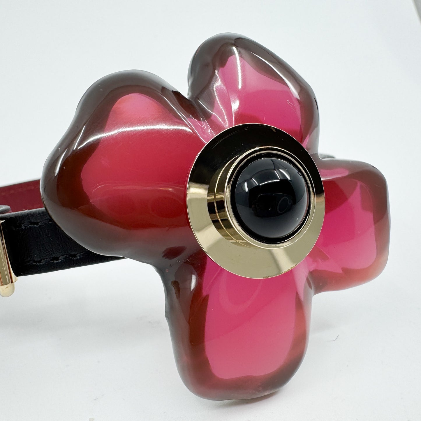 Marni Red & Black Resin Flower & Leather Double Cuff Bracelet