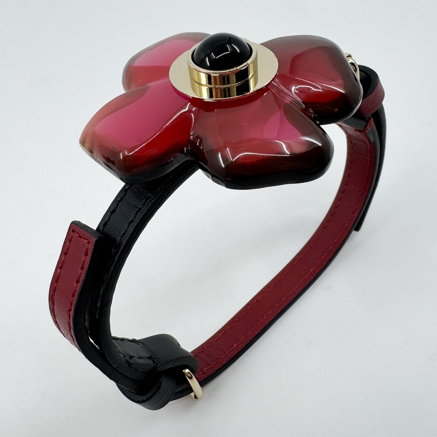 Marni Red & Black Resin Flower & Leather Double Cuff Bracelet