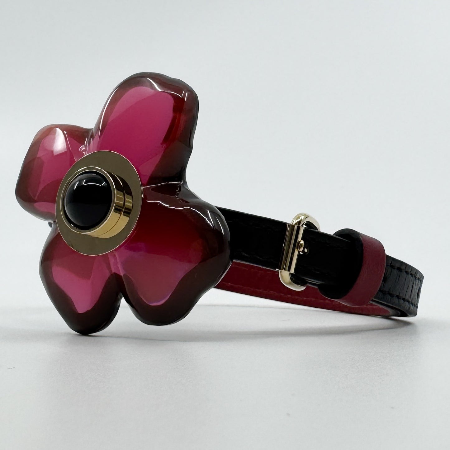 Marni Red & Black Resin Flower & Leather Double Cuff Bracelet