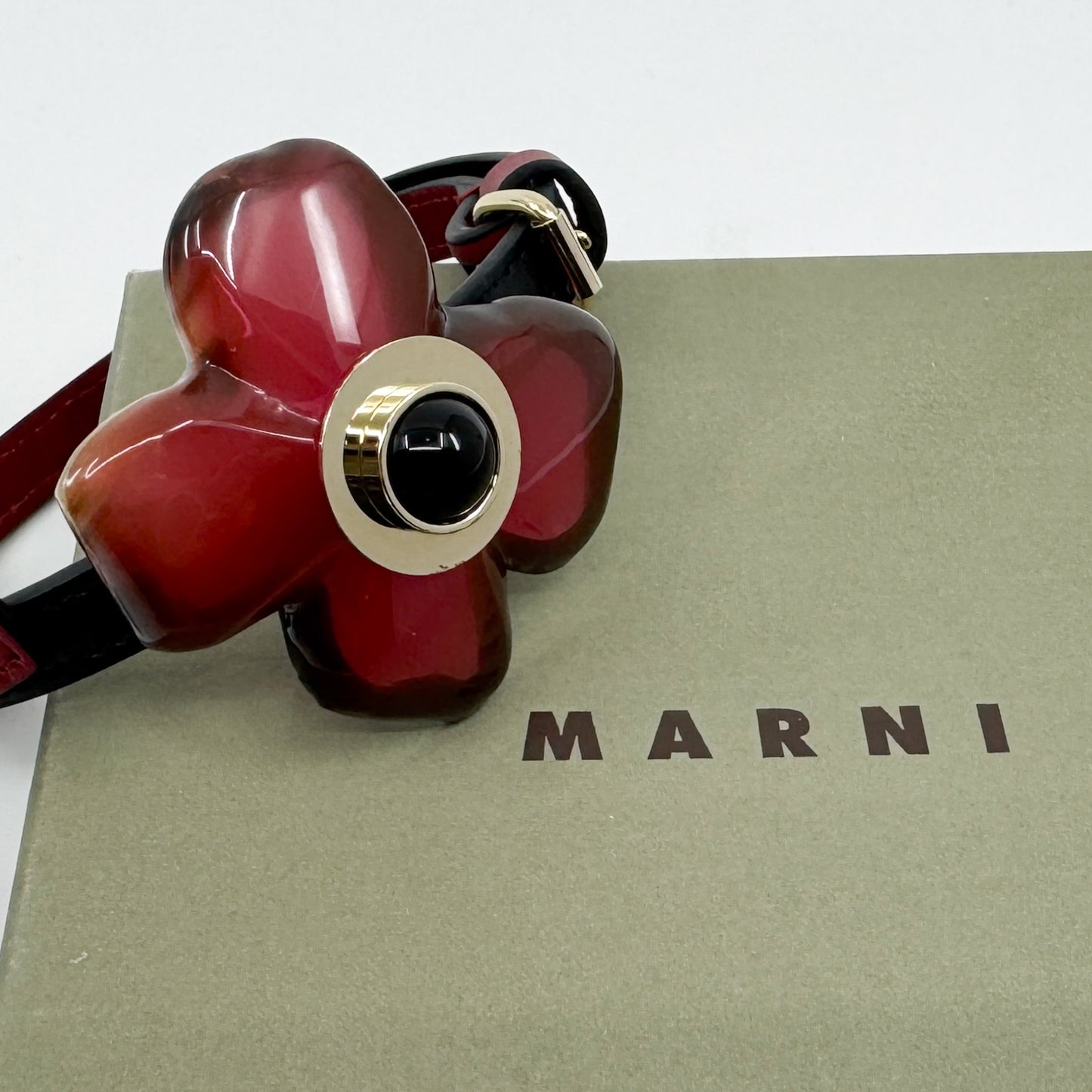 Marni Red & Black Resin Flower & Leather Double Cuff Bracelet