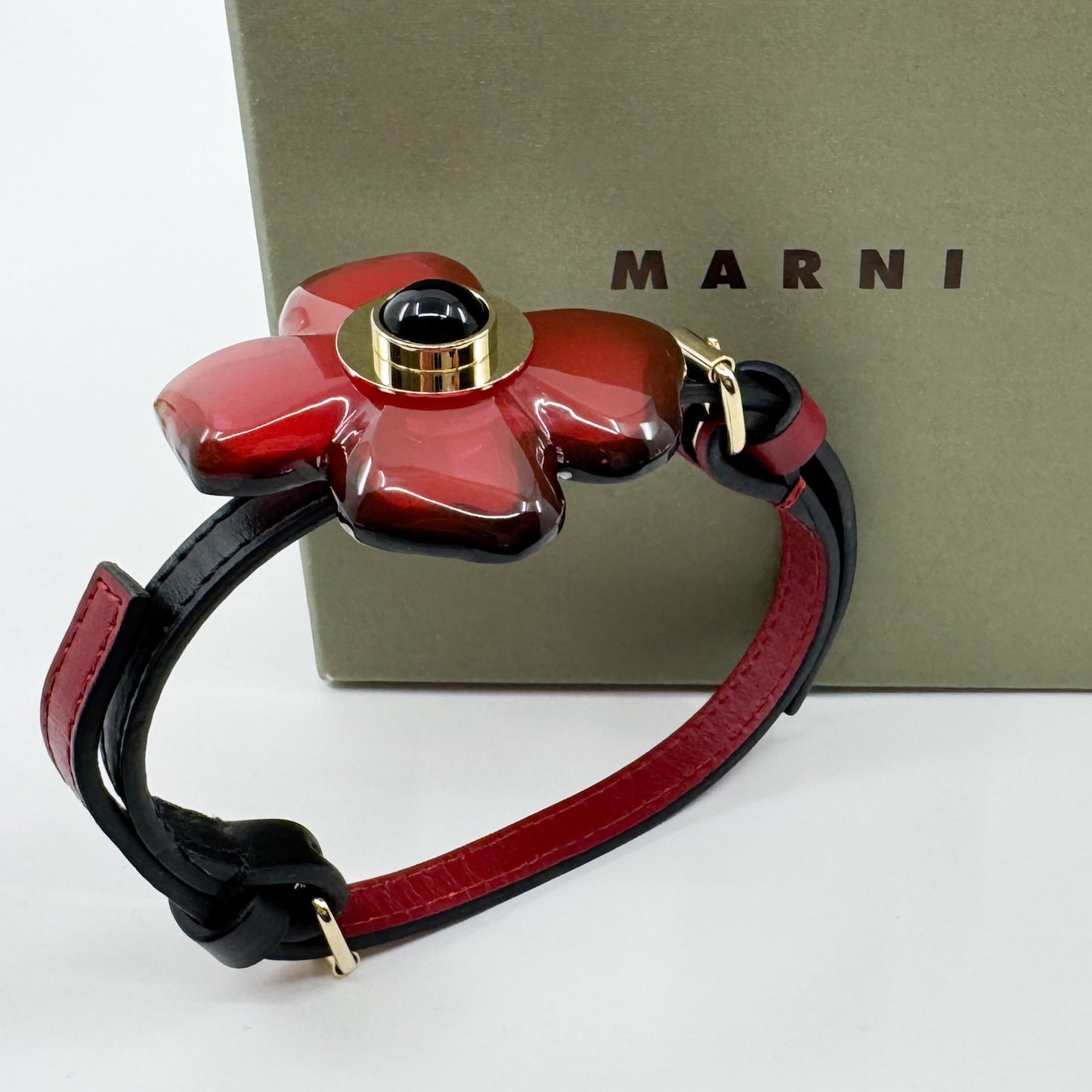 Marni Red & Black Resin Flower & Leather Double Cuff Bracelet