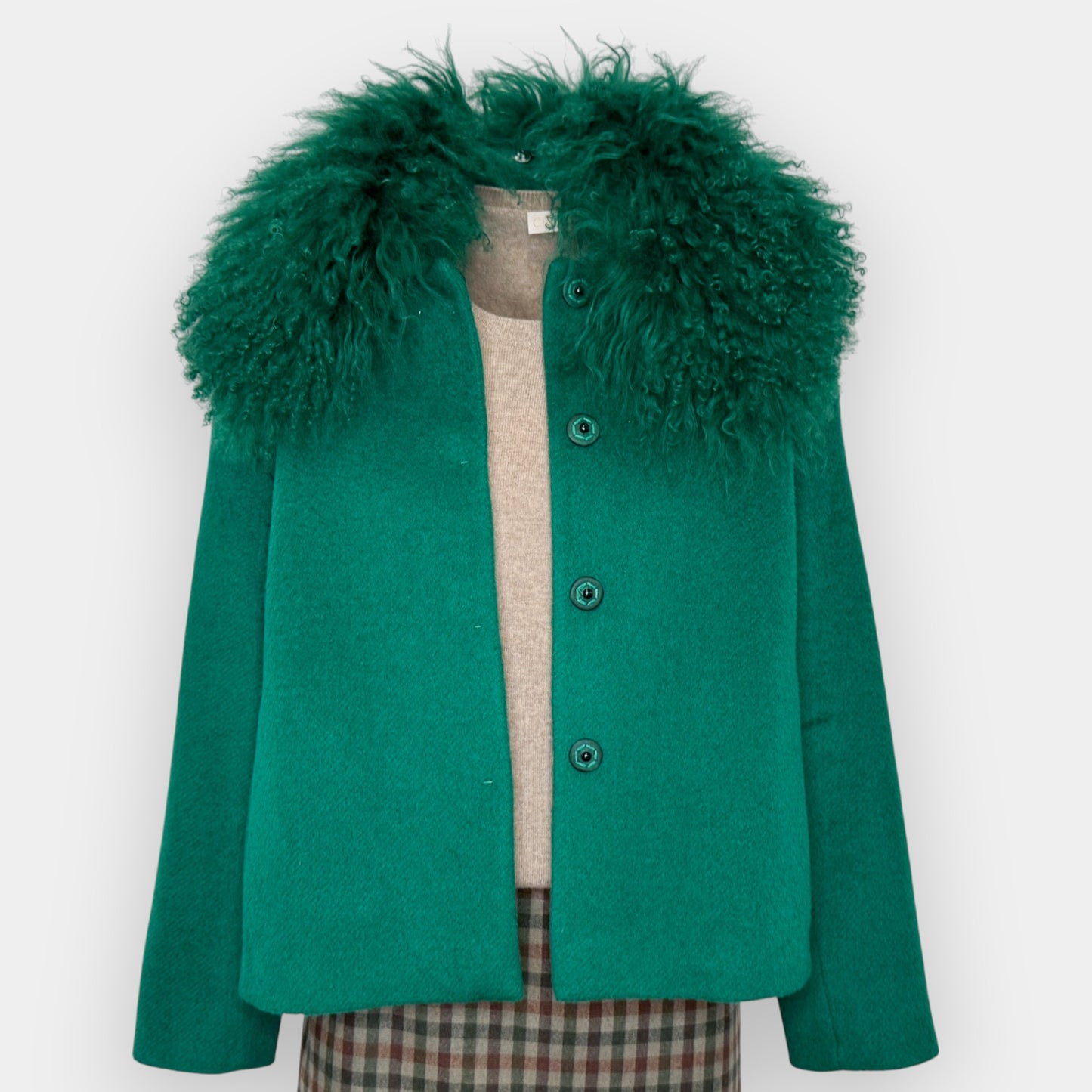Max & Co. Green Mohair Wool & Mongolian Fur Trim Coat EU38 ~ AU10