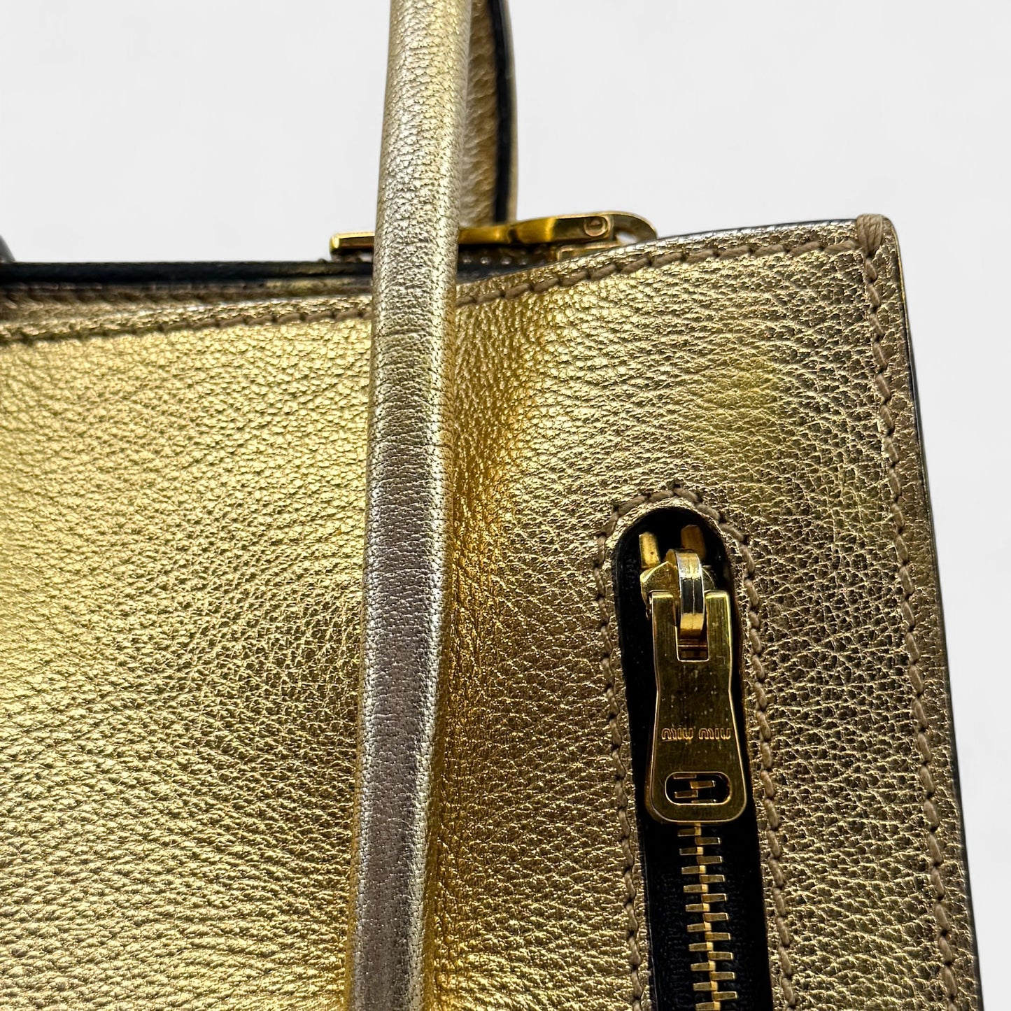 Miu Miu Gold Madras Leather Push Lock Tote Bag