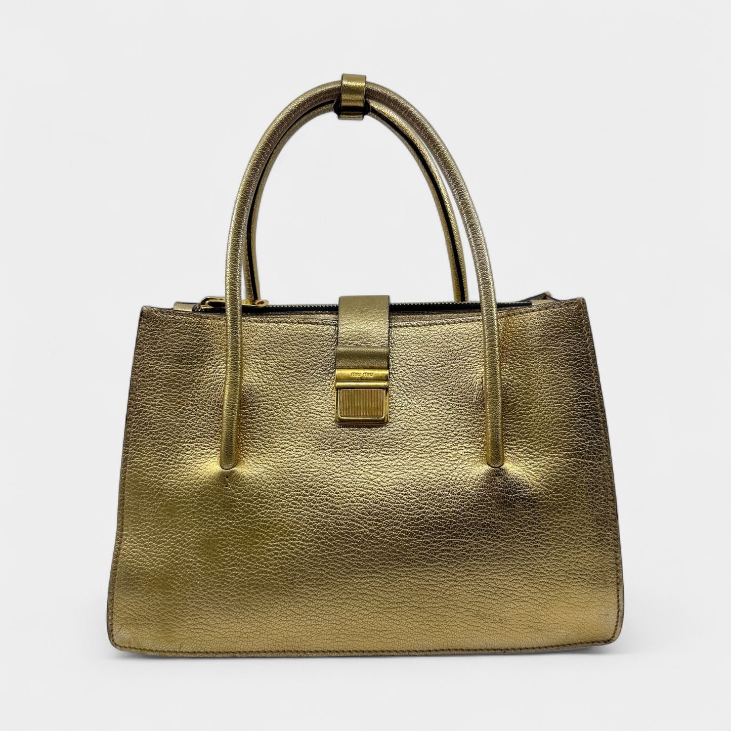 Miu Miu Gold Madras Leather Push Lock Tote Bag