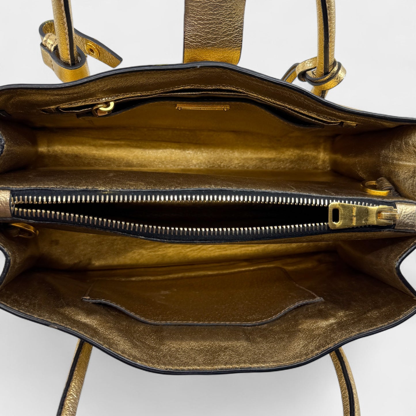 Miu Miu Gold Madras Leather Push Lock Tote Bag