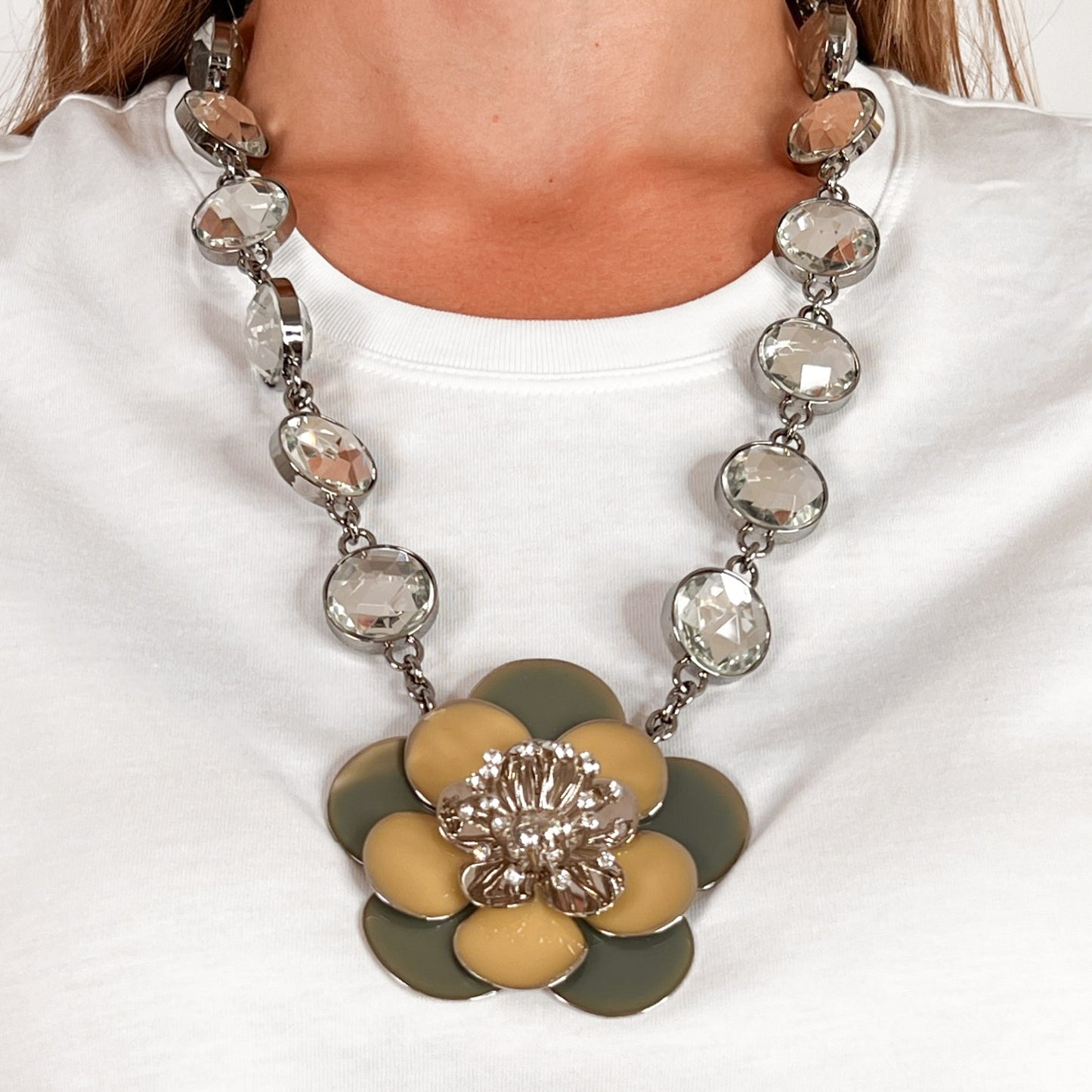 Miu Miu Rhinestone, Pale Green & Yellow Enamel Flower Statement Necklace
