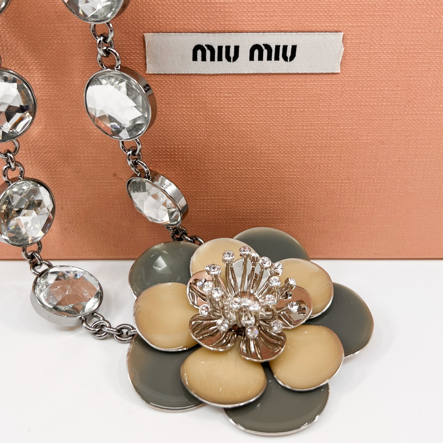 Miu Miu Rhinestone, Pale Green & Yellow Enamel Flower Statement Necklace