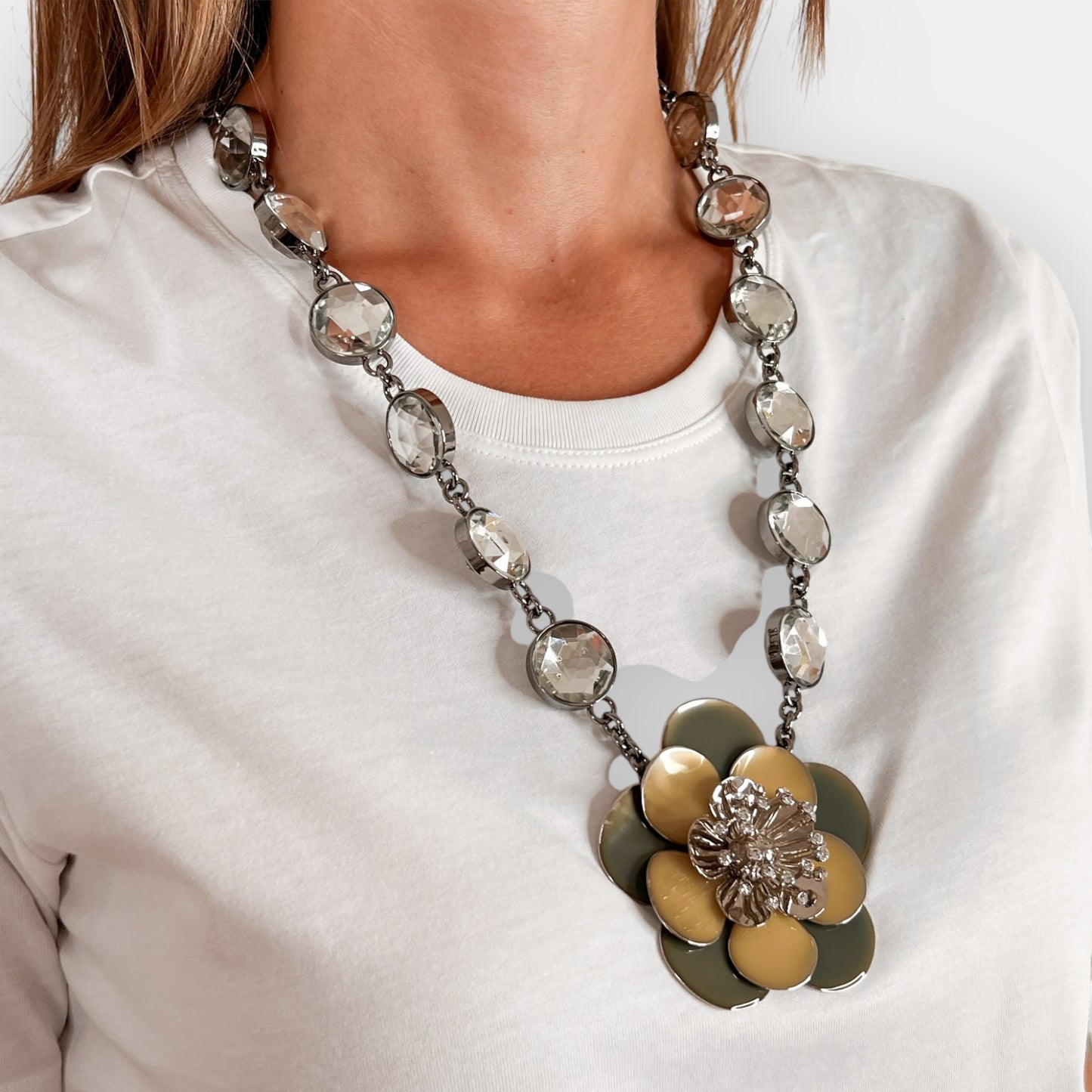 Miu Miu Rhinestone, Pale Green & Yellow Enamel Flower Statement Necklace