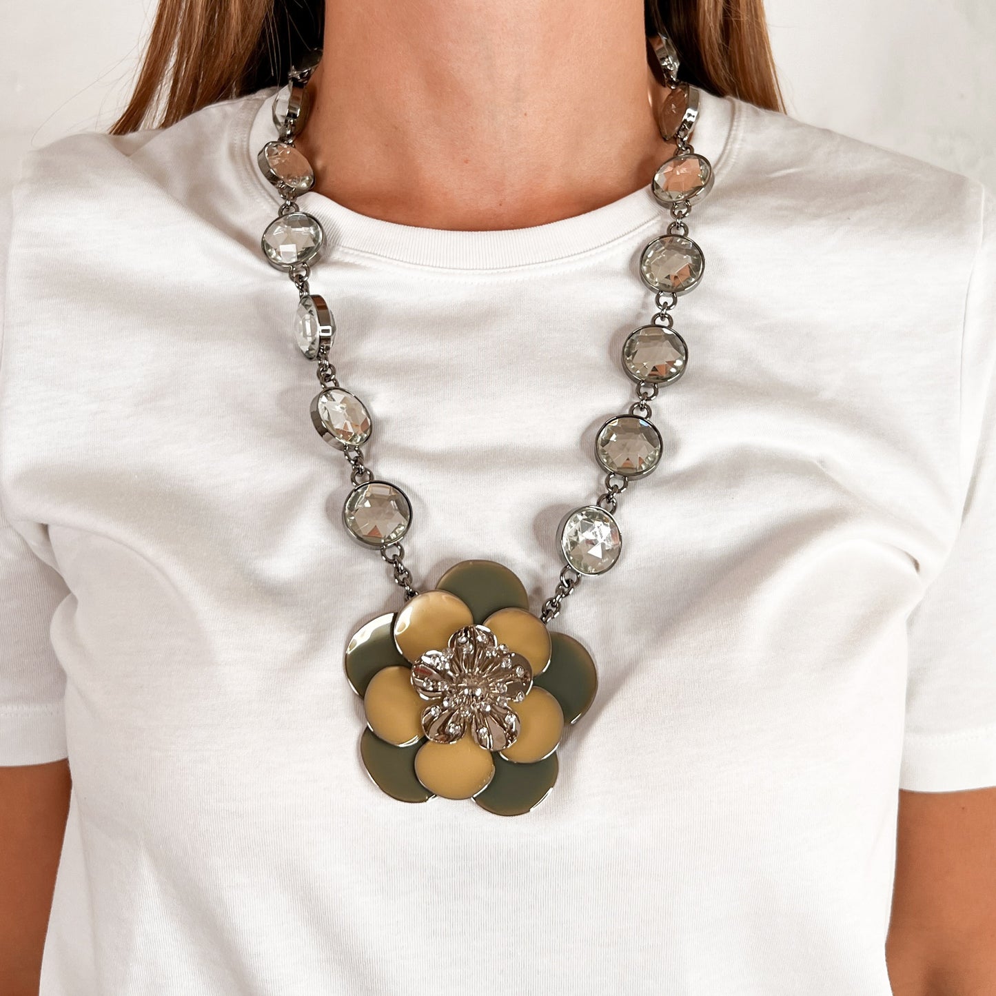 Miu Miu Rhinestone, Pale Green & Yellow Enamel Flower Statement Necklace