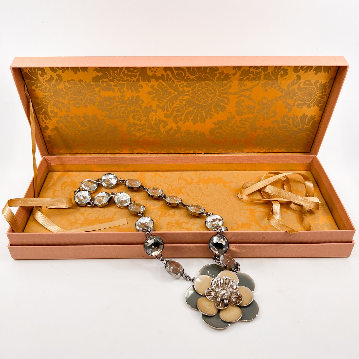 Miu Miu Rhinestone, Pale Green & Yellow Enamel Flower Statement Necklace