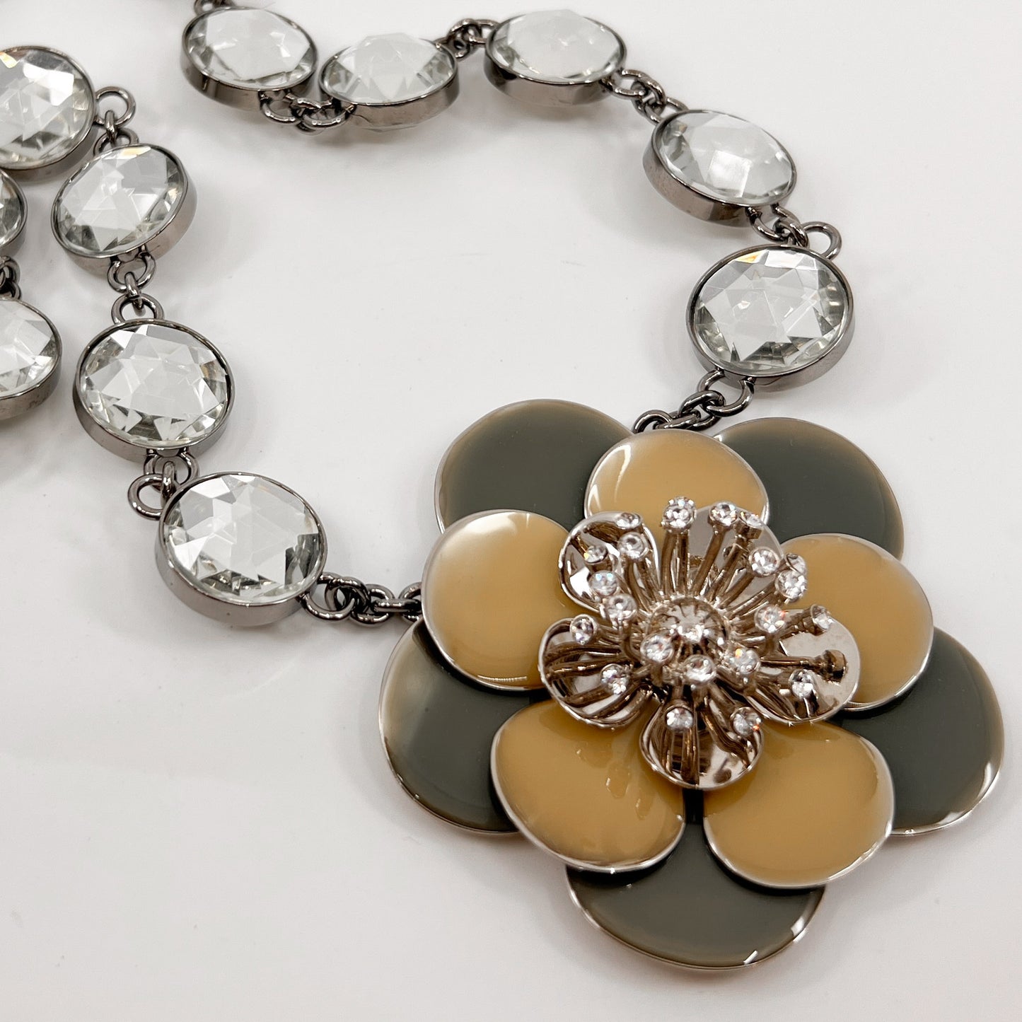 Miu Miu Rhinestone, Pale Green & Yellow Enamel Flower Statement Necklace