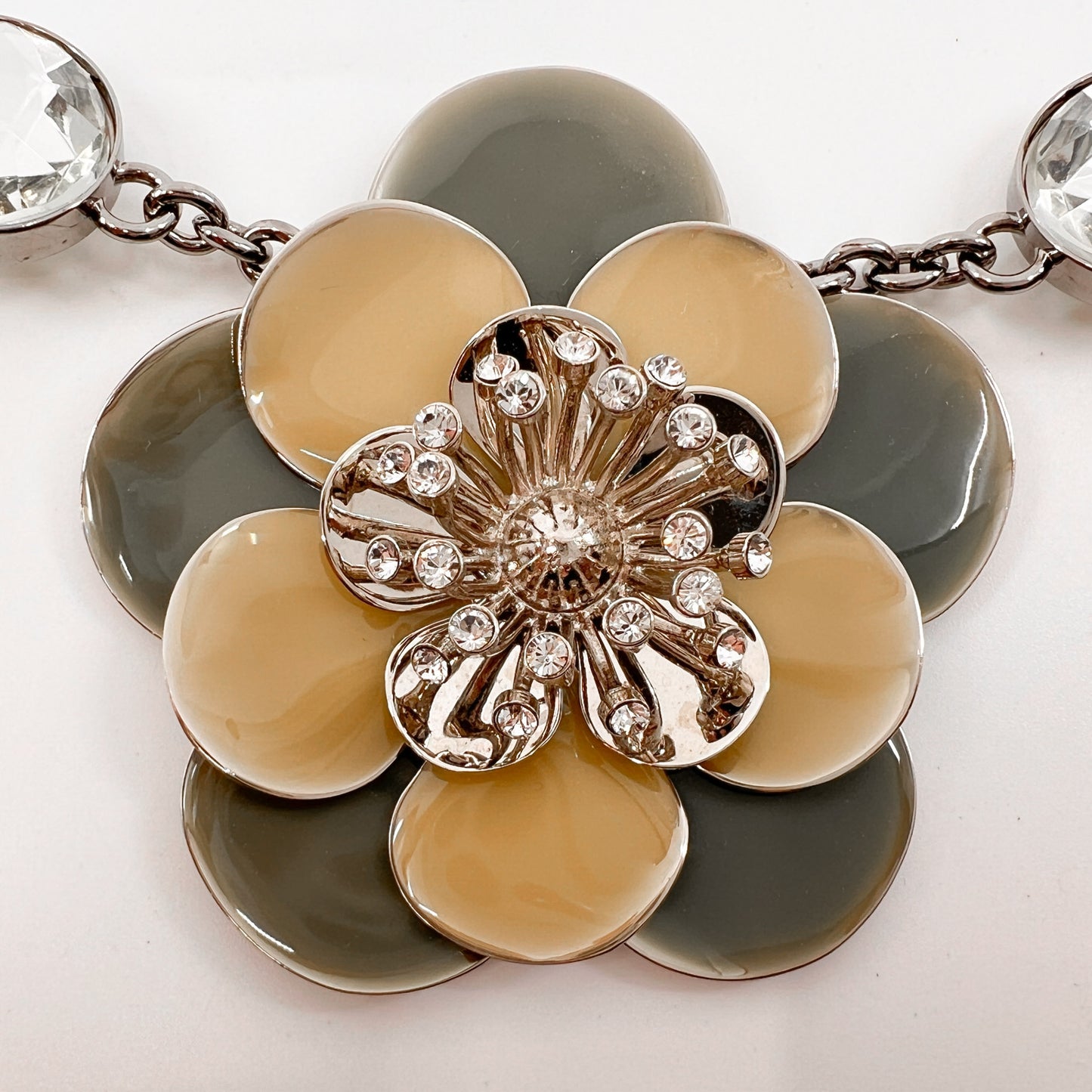 Miu Miu Rhinestone, Pale Green & Yellow Enamel Flower Statement Necklace