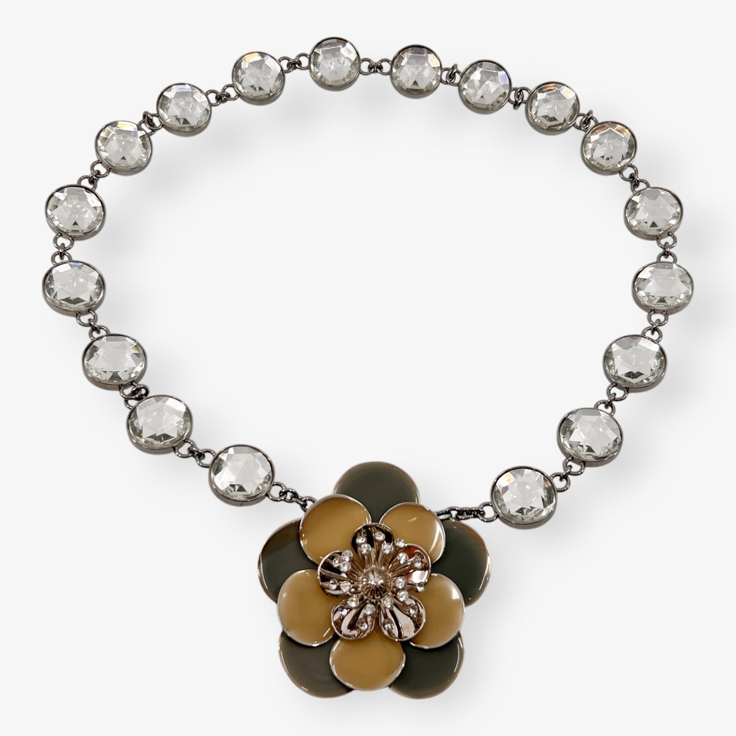 Miu Miu Rhinestone, Pale Green & Yellow Enamel Flower Statement Necklace
