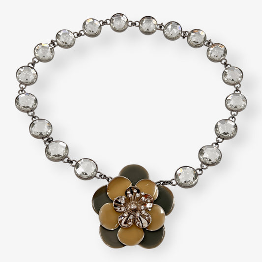 Miu Miu Rhinestone, Pale Green & Yellow Enamel Flower Statement Necklace