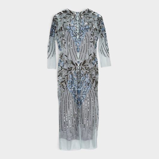 Moss & Spy Luna Shift Blue Silver Beaded Sequin Dress AU10