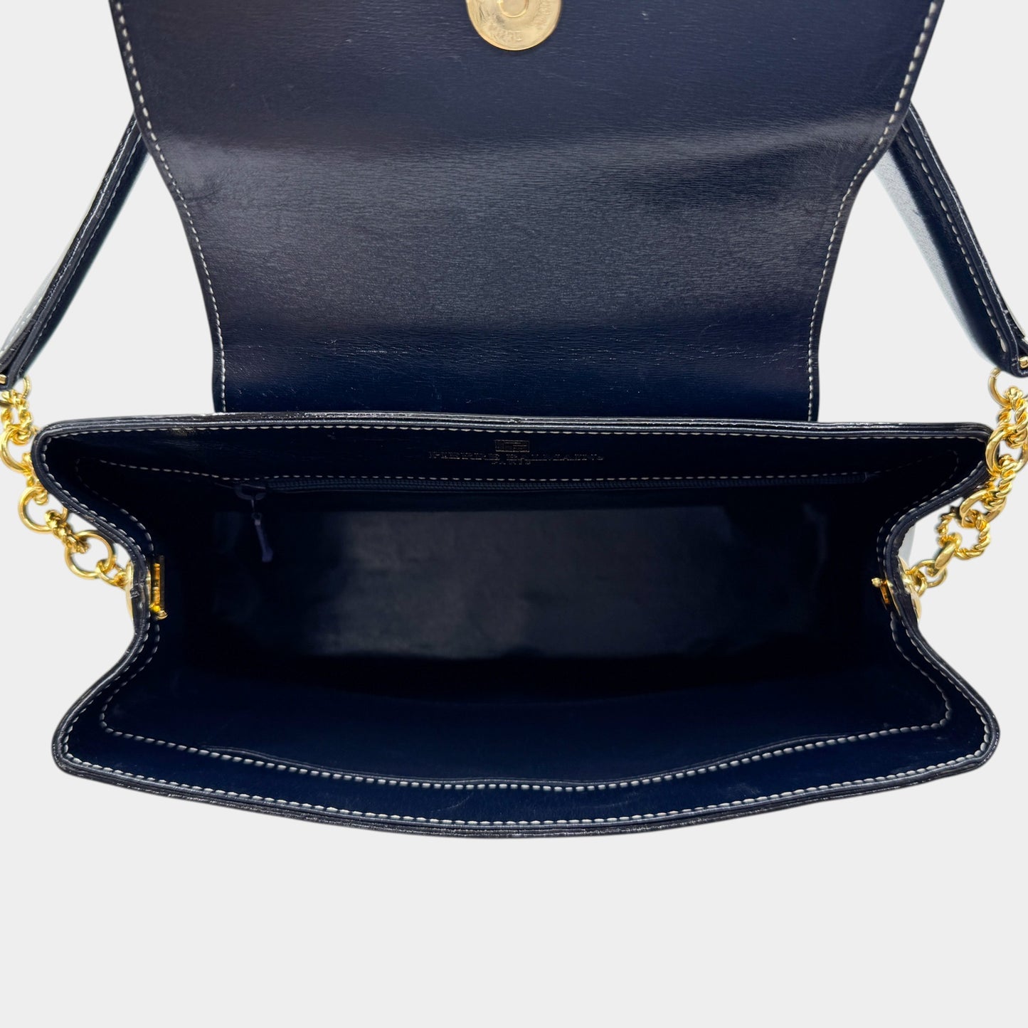 Pierre Balmain Paris 80s Vintage Blue Black Cream Flap Leather Top Handle Bag