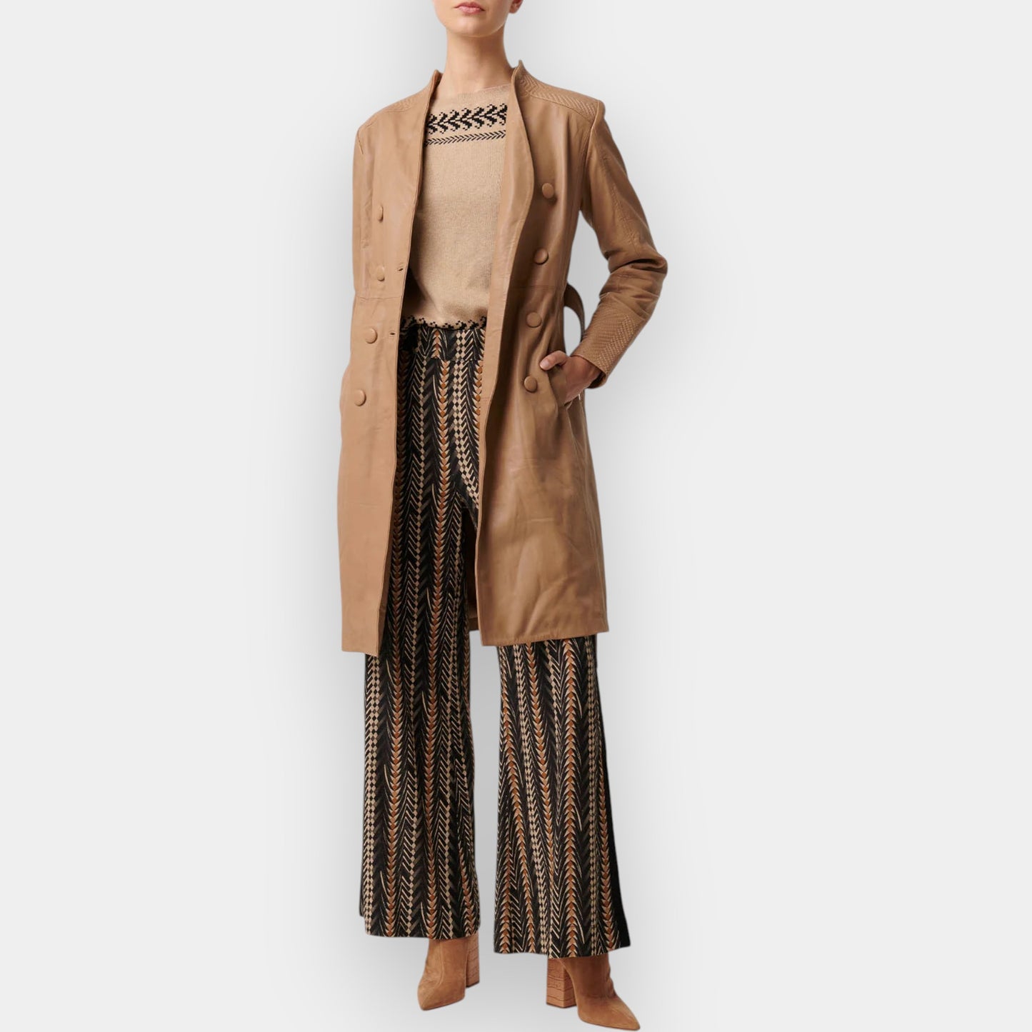 Once Was Beige Wheat Leather Leighton Herringbone Coat 1 ~ AU8-10