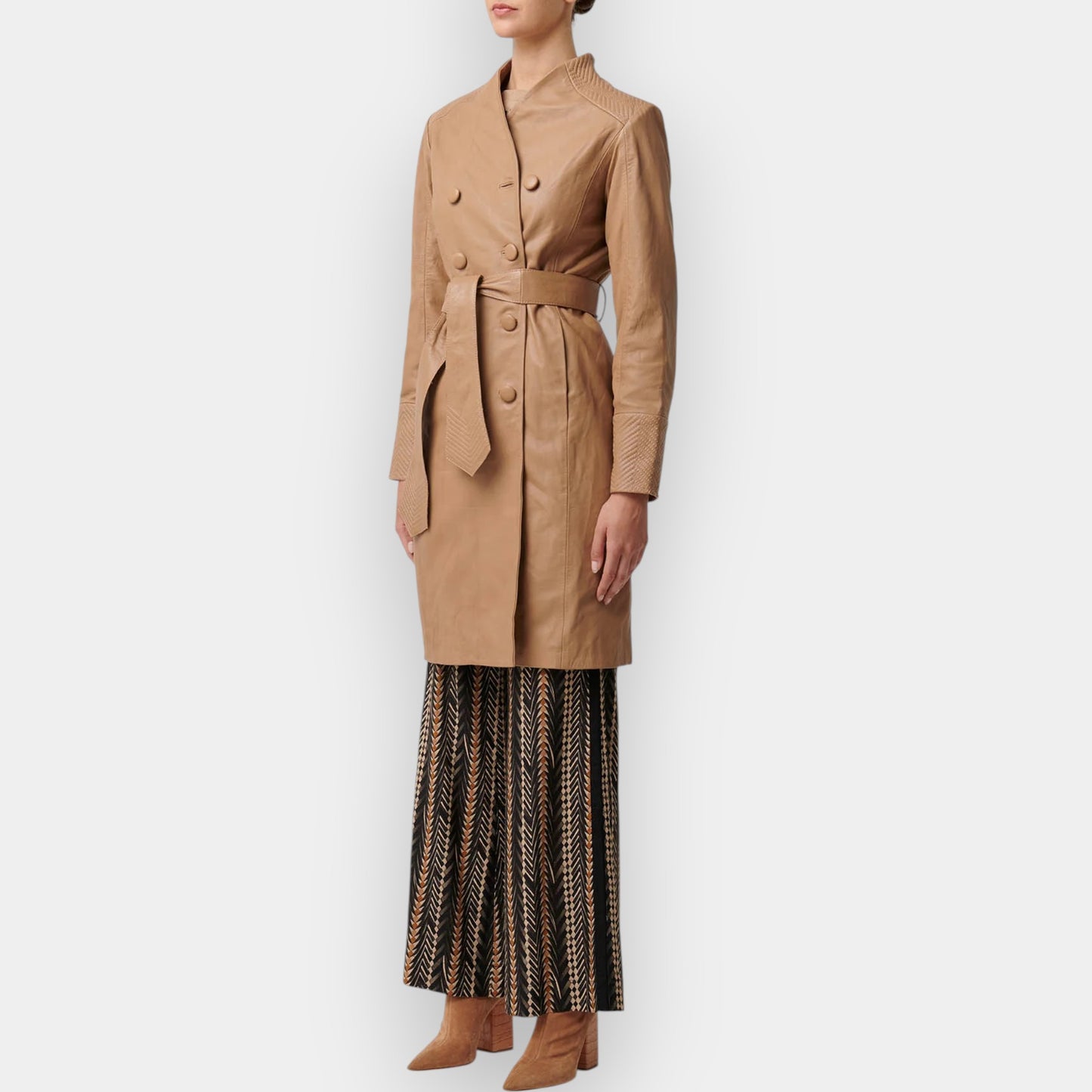 Once Was Beige Wheat Leather Leighton Herringbone Coat 1 ~ AU8-10