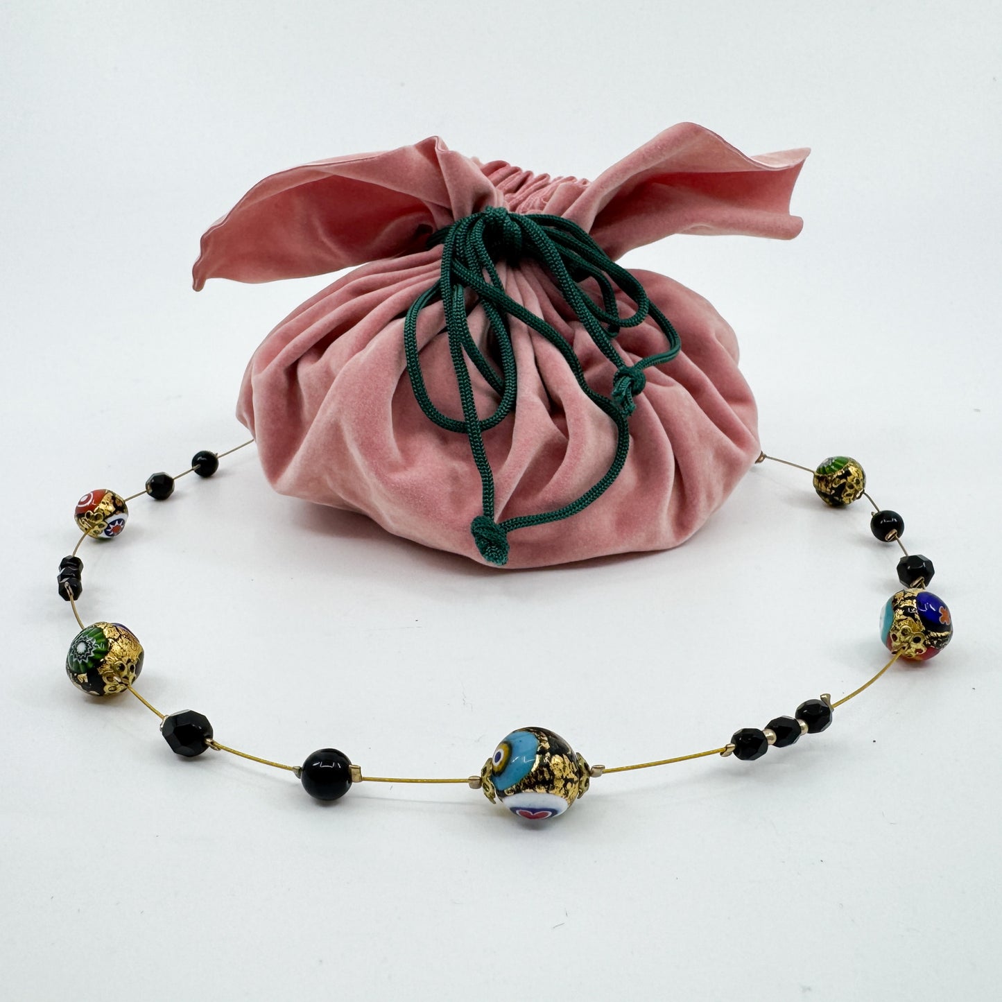 Ophelia Black & Green Blue Murano Glass Beaded Necklace