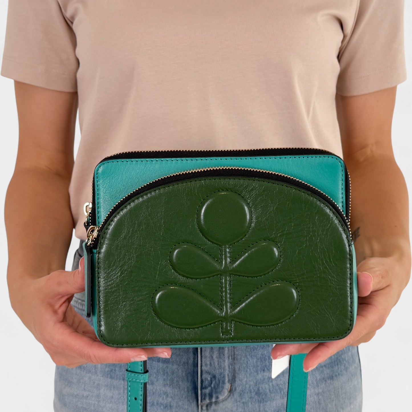 Orla Kiely Portia East Turquoise Green Leather Embossed Stem Crossbody Bag
