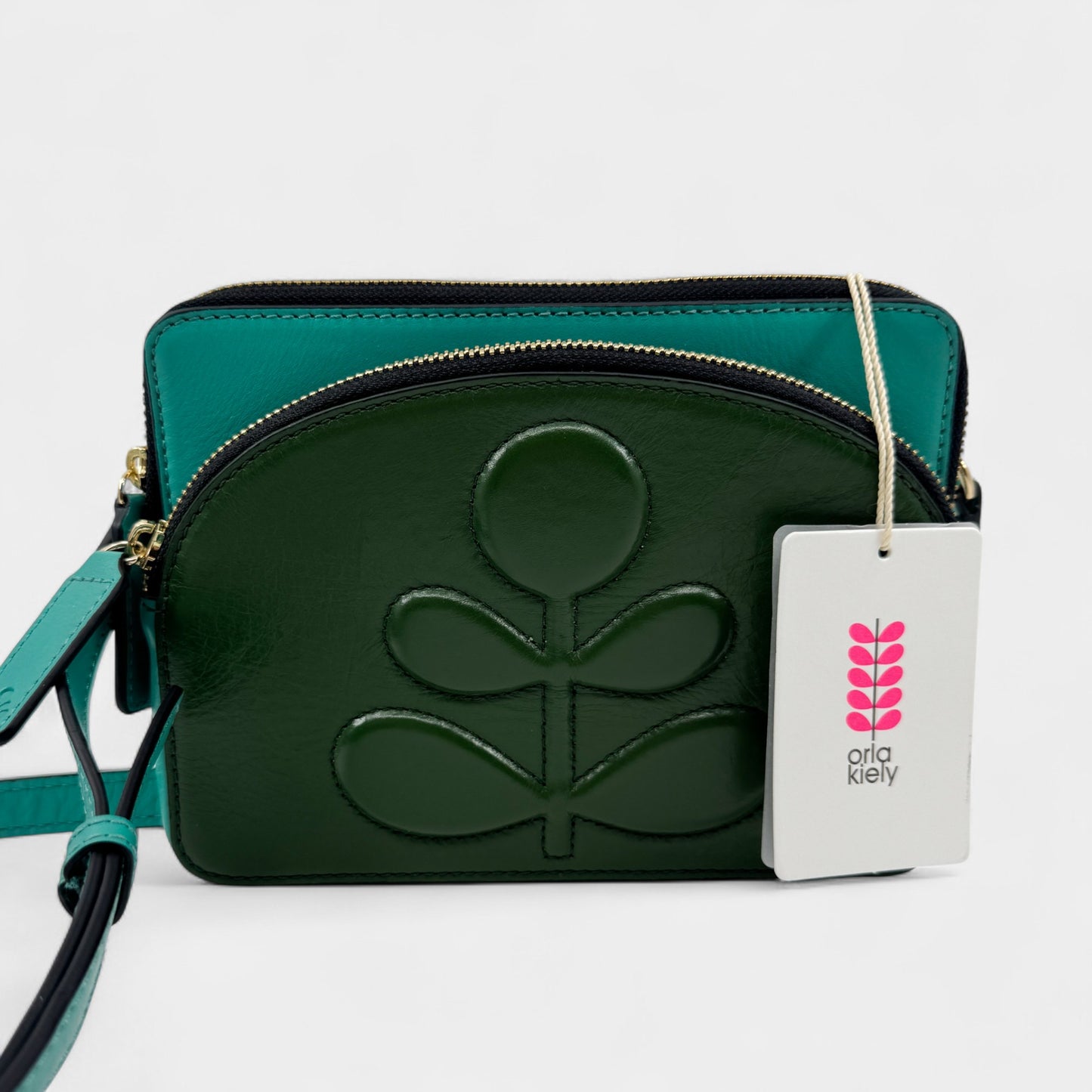 Orla Kiely Portia East Turquoise Green Leather Embossed Stem Crossbody Bag